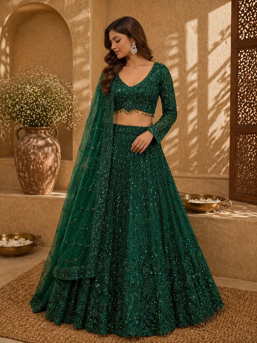 Emerald Green Net Embellished Lehenga Set